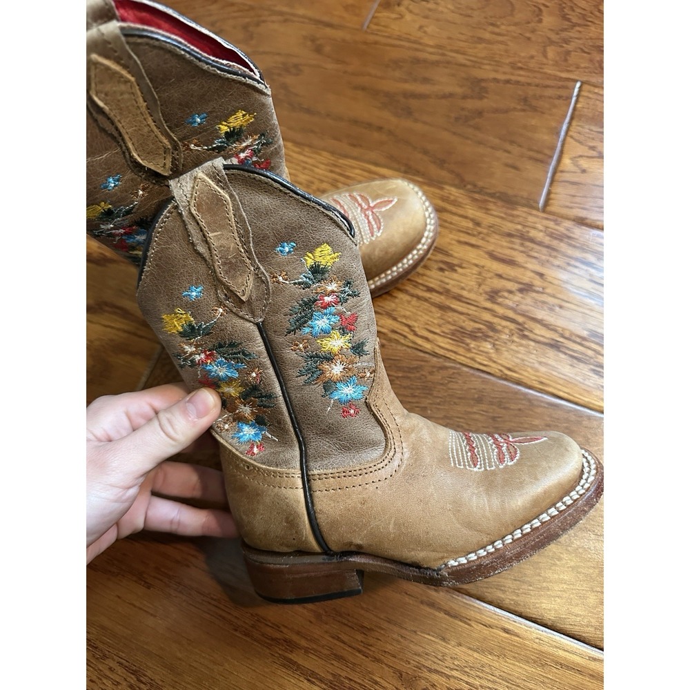 Herencia Kids Floral Embroidered Leather Western Cowboy Boots Mexico Size 8
